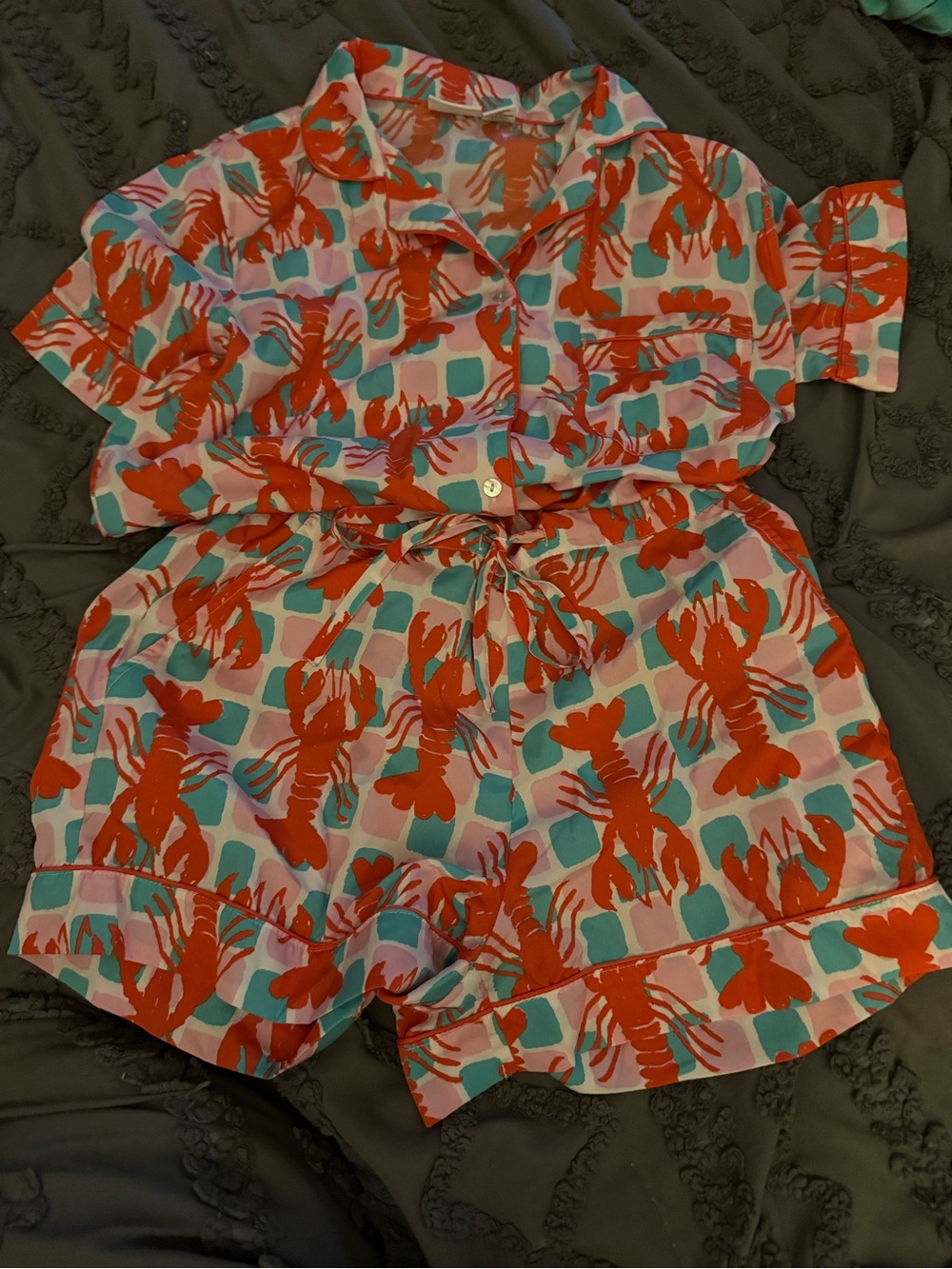 Bouffants & Broken Hearts Crawfish Two-Piece Set - Red, Teal & Pink, Small - Picture 2 of 7